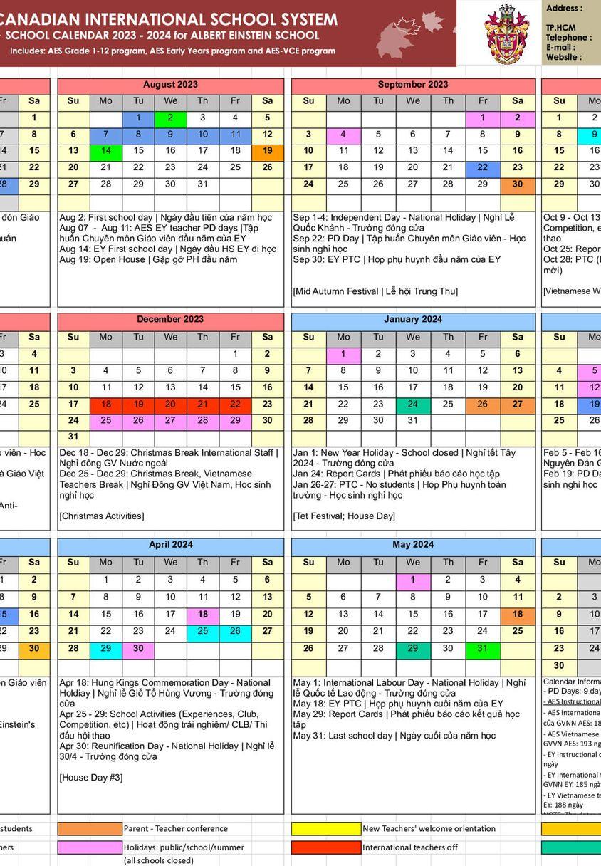 Lịch năm học 2023 – 2024 (ESH)