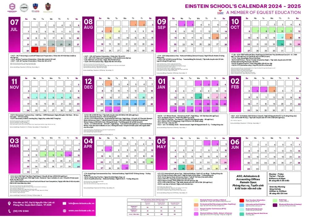 Lịch năm học 2024 – 2025 (ESH)