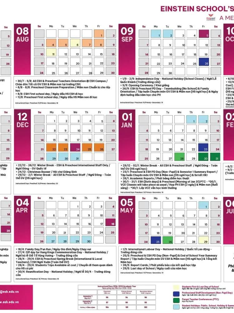 Lịch năm học 2025 – 2026 (ESH)