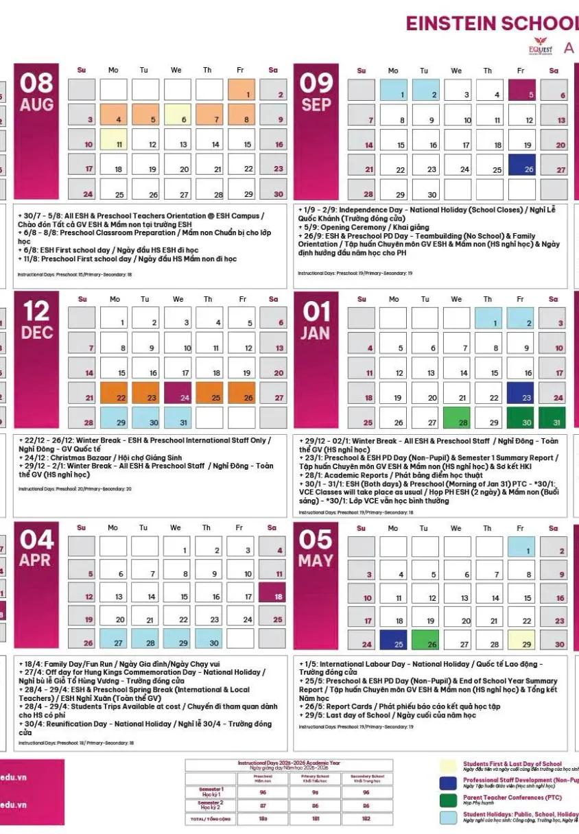 Lịch năm học 2025 – 2026 (ESH)